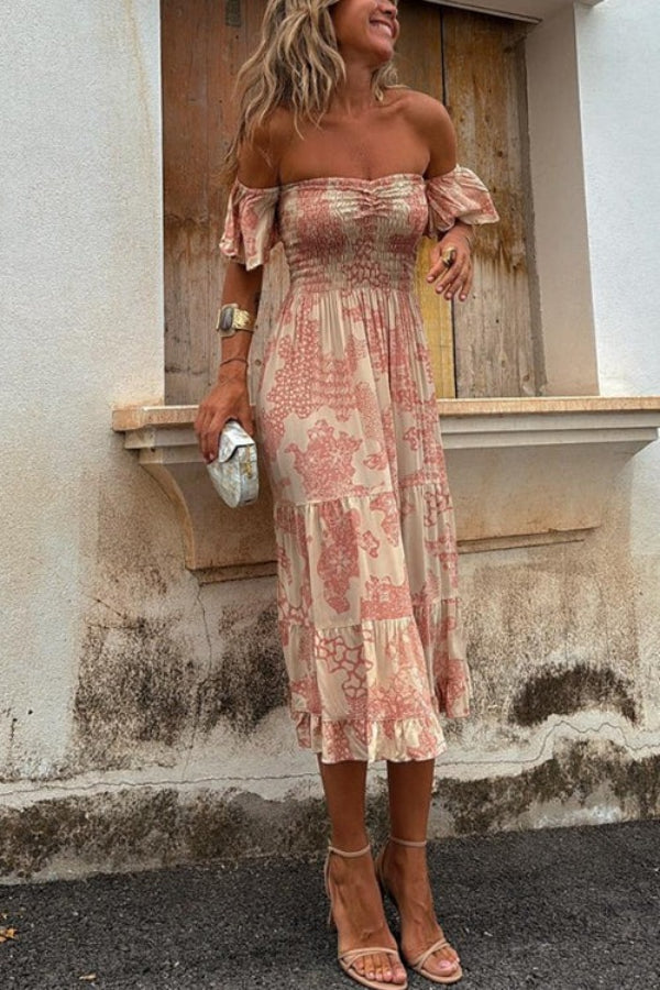 Alexandra® | Unique off shoulder smocked layered midi dress with ruffle sleeves