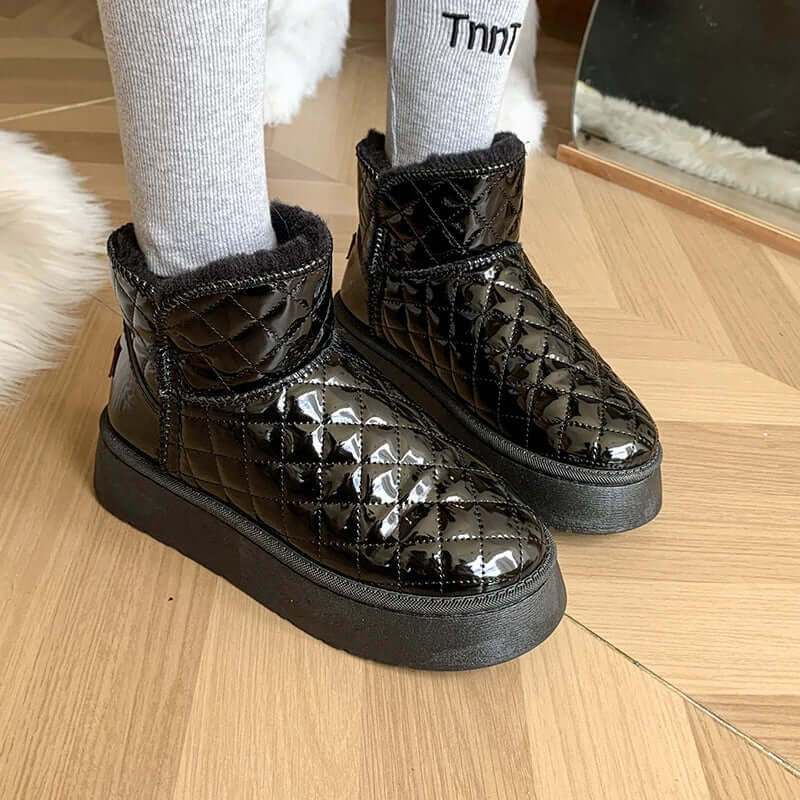 Women’s Ankle Boots – Quilted Waterproof Design – Furry Lining – Chunky Sole