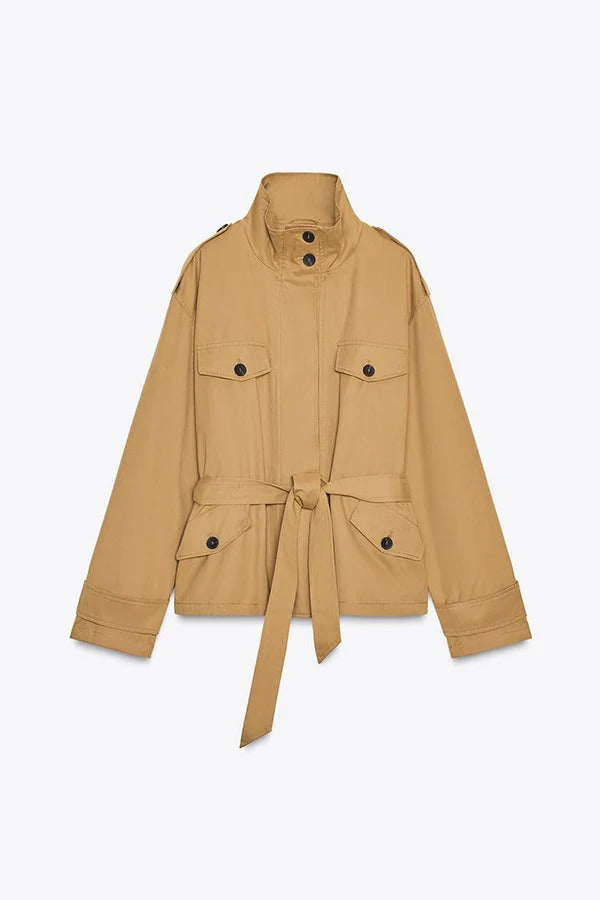 Cristina® | Chic Comfort Epaulettes Contrast Buttons Pocket Belt Cropped Trench Coat
