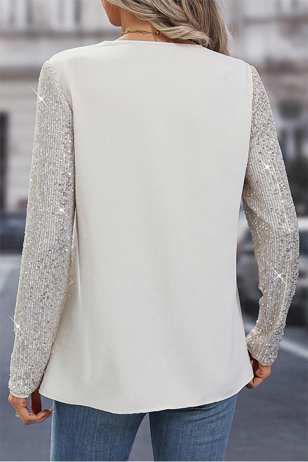 Eliza® | White patchwork blouse with V-neck and sequin sleeves
