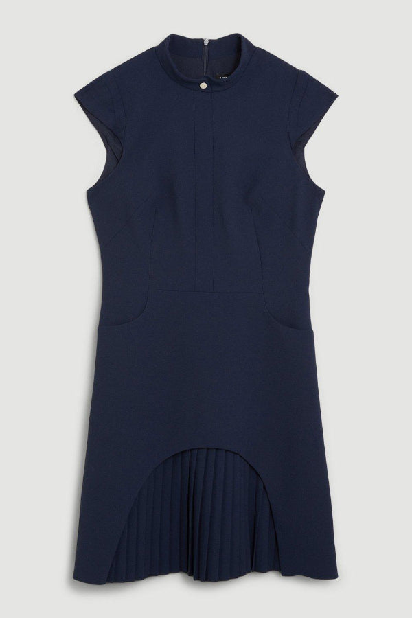 Ariana® | Military-style mini dress with cap sleeves, stand-up collar and patchwork pleated hem