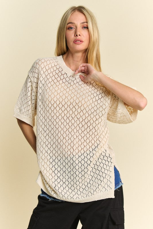 Alicia® | Side slit, openwork crew neck knit cover with half sleeves