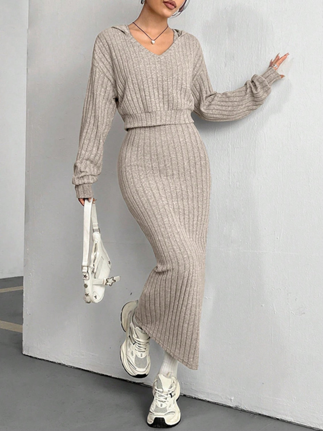 Clara® | Ribbed cropped hooded top and V-neck tank dress set