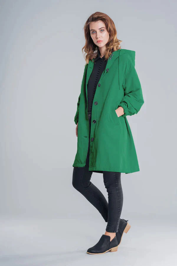 Women’s Rain Jacket – Relaxed Fit – Hooded – Water-Repellent – Button Front – Hip Length