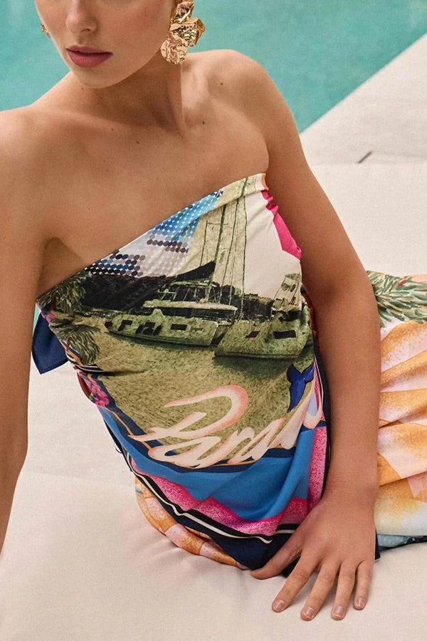 Carmen® | Seaside knotted shawl top and loose satin maxi skirt set with unique print