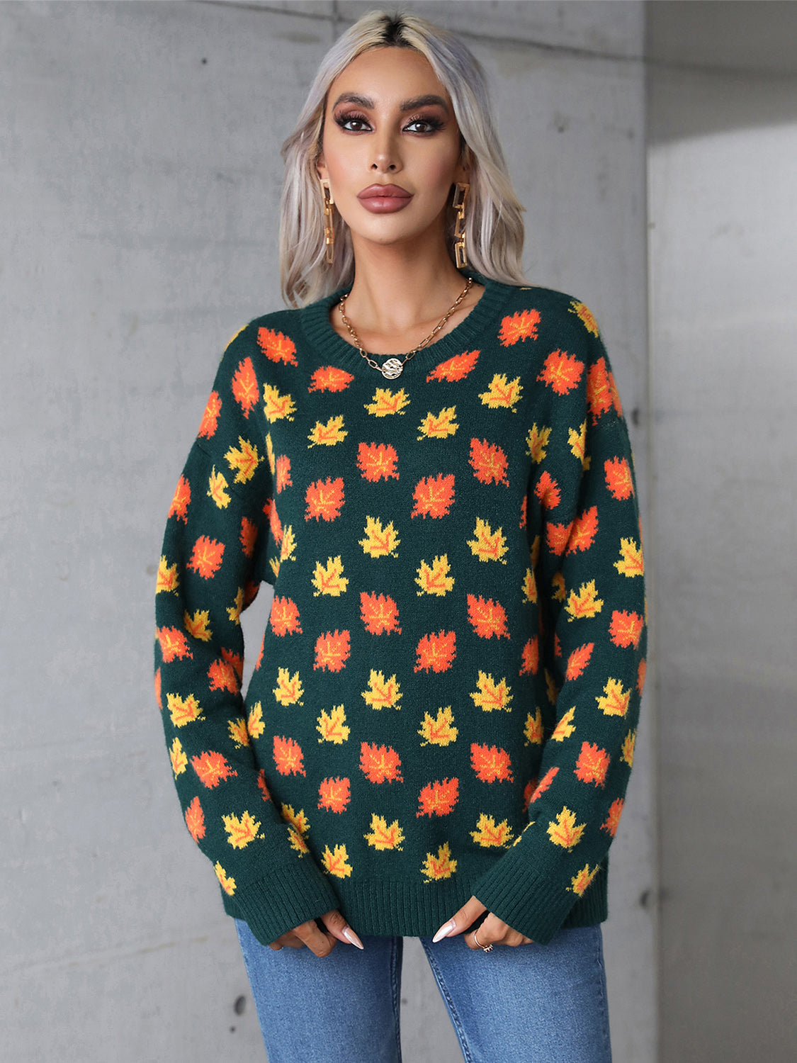Araceli® | Maple leaf long sleeve crew neck sweater