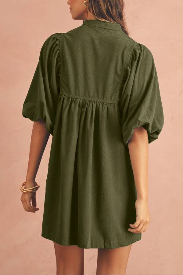 Catalina® | Vineyard Green Corduroy Snap Button Empire Waist Lantern Sleeve Dress