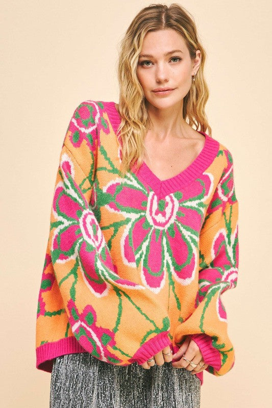Dulce® | Floral contrast sweater with V-neck and dropped shoulder