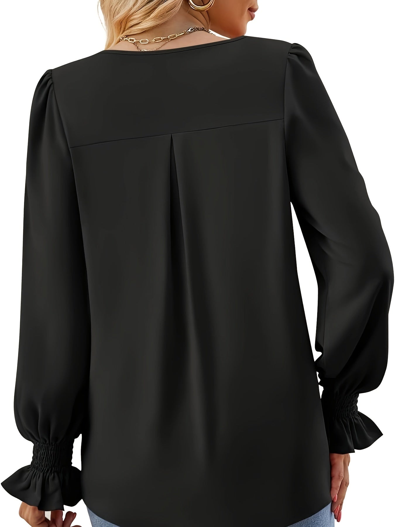 Brendell® | Simple V-Neck Blouse With Long Sleeves, Elegant Ruffled Blouse