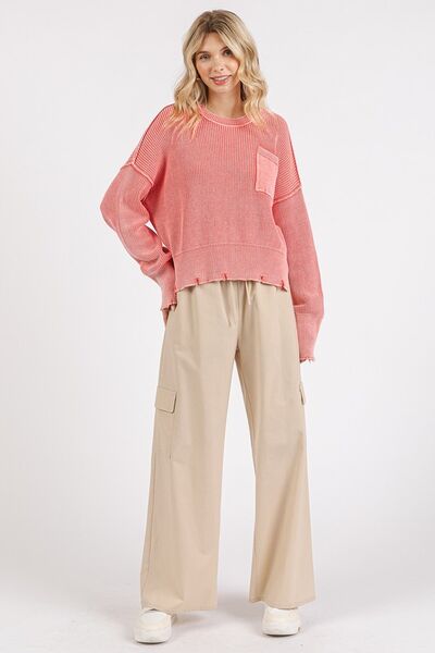 Clara® | Crew neck sweater with dropped shoulders and distressed hem