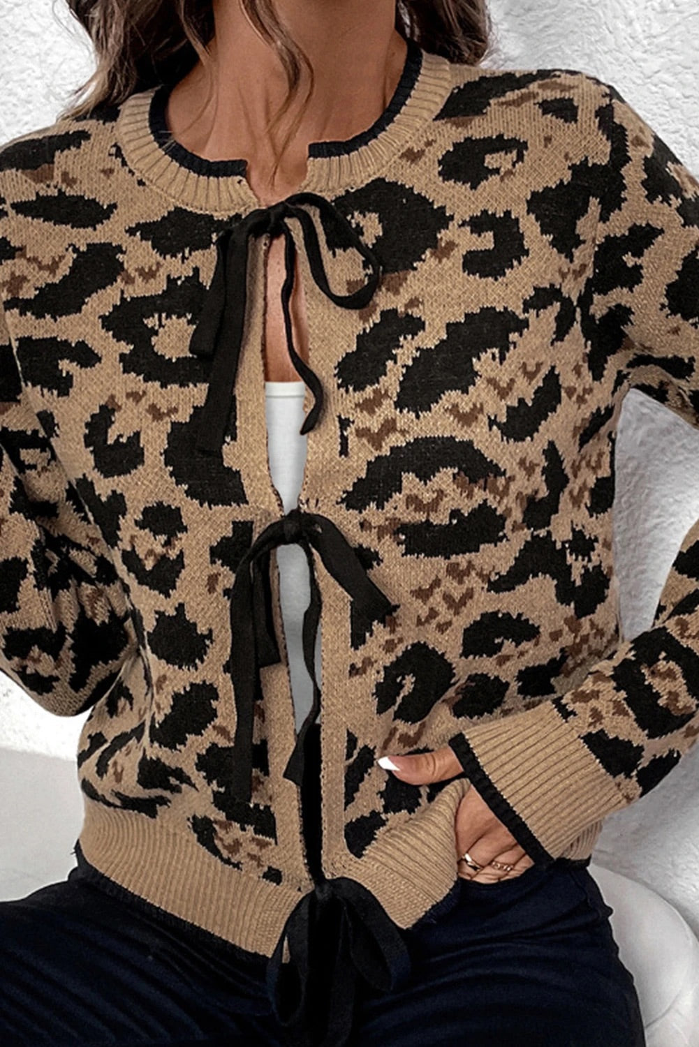 Bella® | Brown knit cardigan with bow tie and leopard print