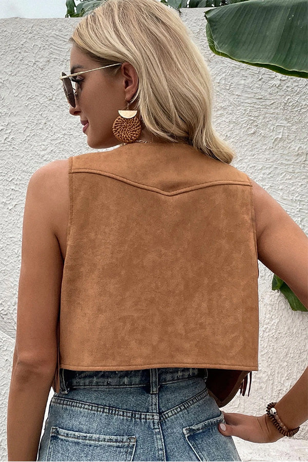 Clara® | Camel cropped suede effect vest with snap fasteners at the front and fringes