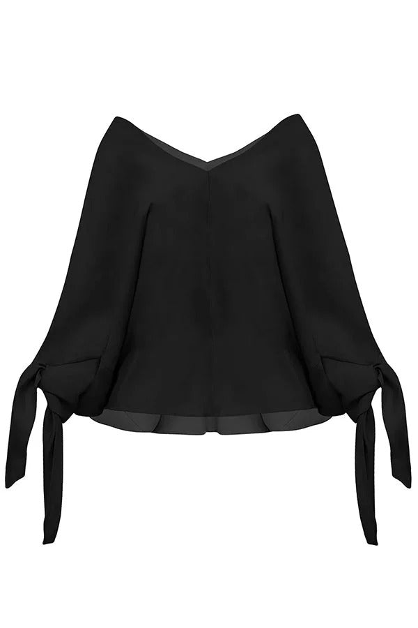 Edith® | Joyful Bond Linen Blend V-neck Knotted Cuff Half Sleeve Loose Top