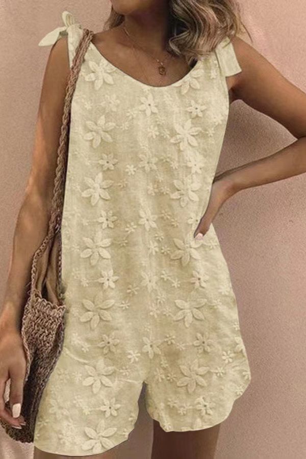 Elena® | Tank top romper with floral embroidery and lace-up detail