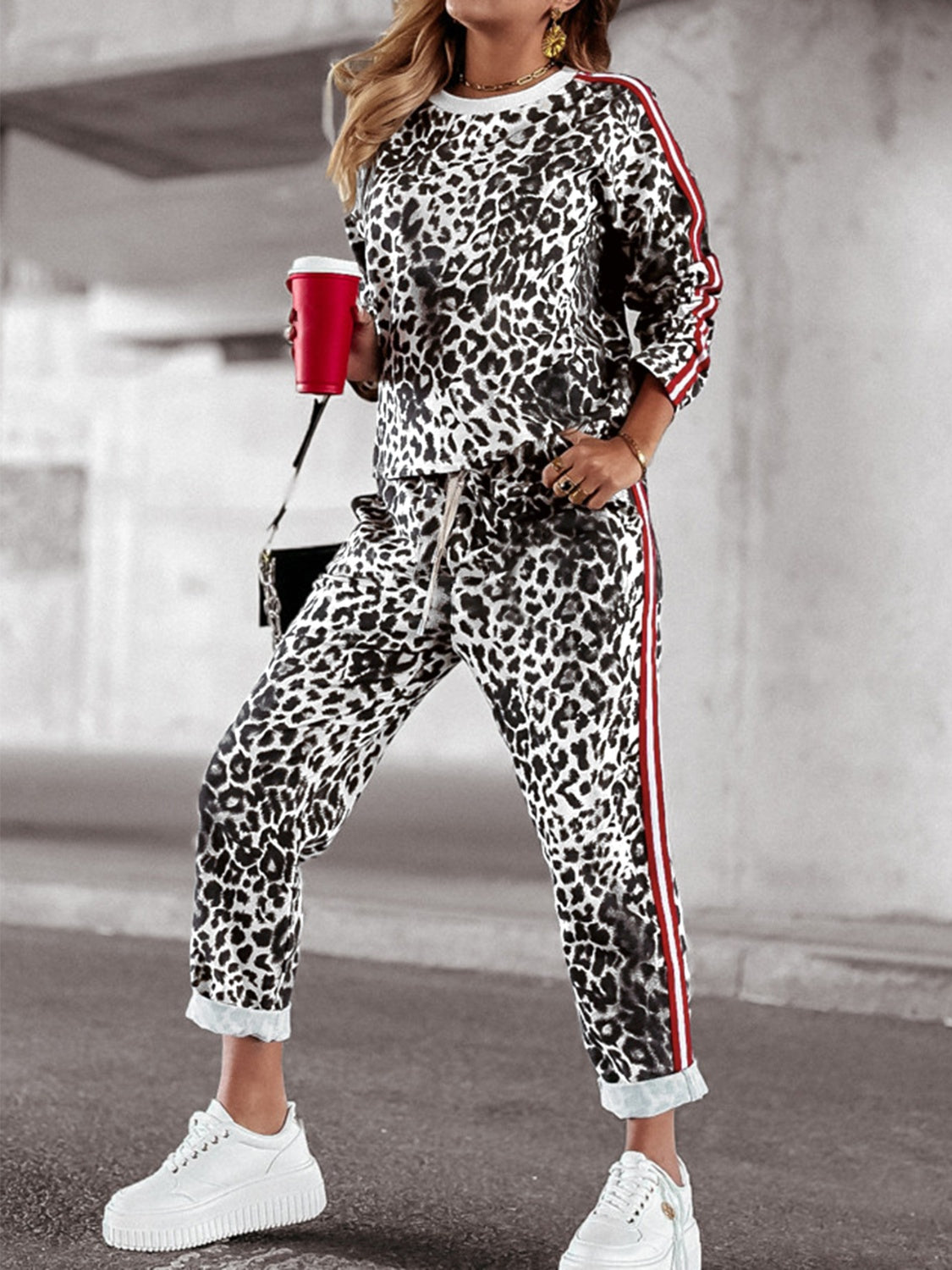 Araceli® | Leopard print round neck long sleeve top and trousers set