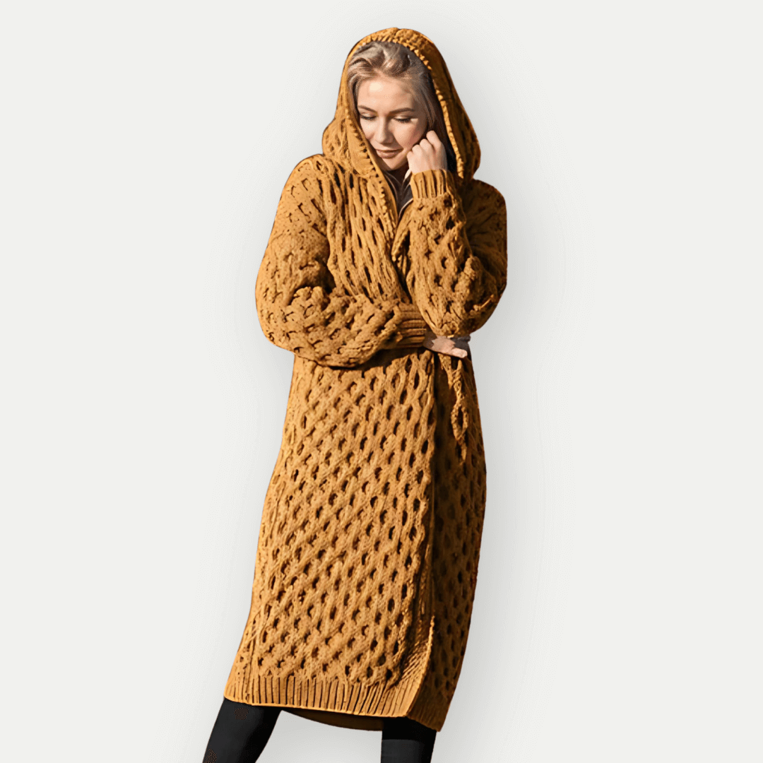 Women’s Hooded Jacket – Wool Knit – Relaxed Fit – Longline – Cable Pattern – Open Front