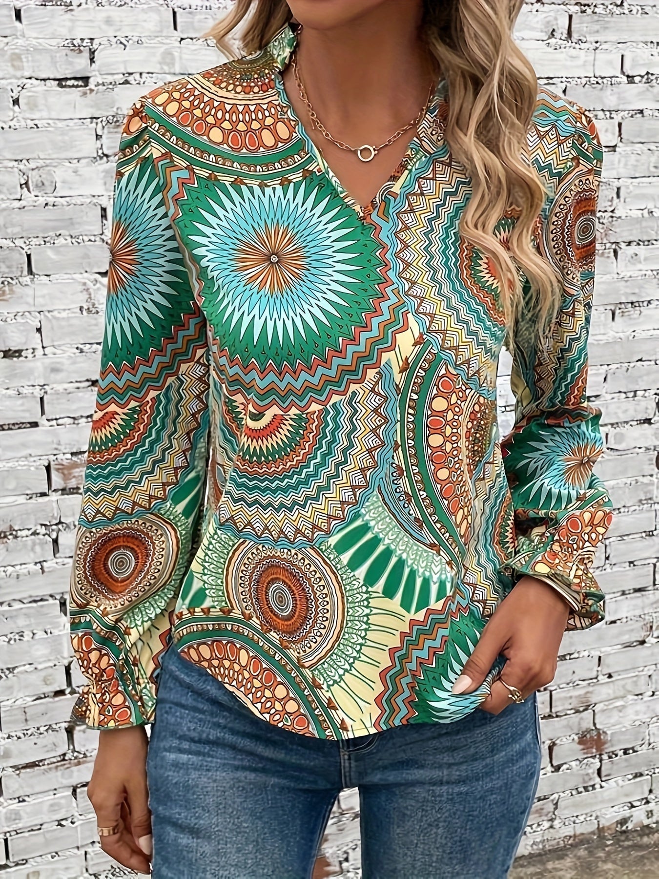 Brendon® | Floral Pattern V-Neck Blouse For Spring/Autumn