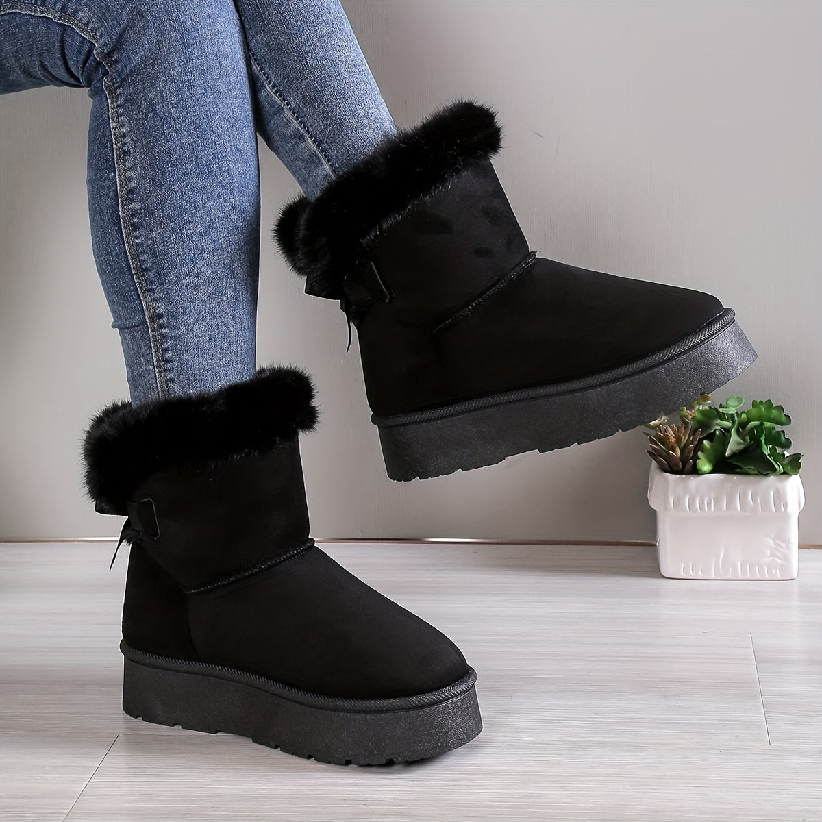 Women’s Ankle Boots – Suede Finish – Faux Fur Lined – Platform Sole – Bow Detail