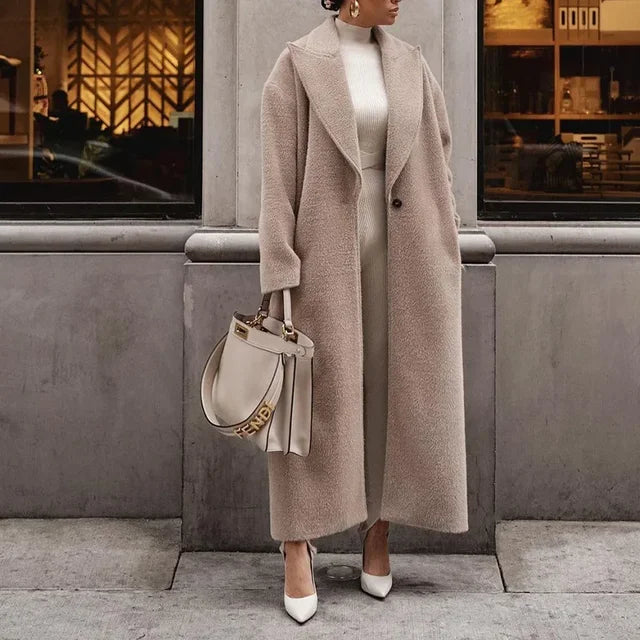 Women’s Oversized Coat – Wool Blend – Full Length – Relaxed Fit – Notched Lapel