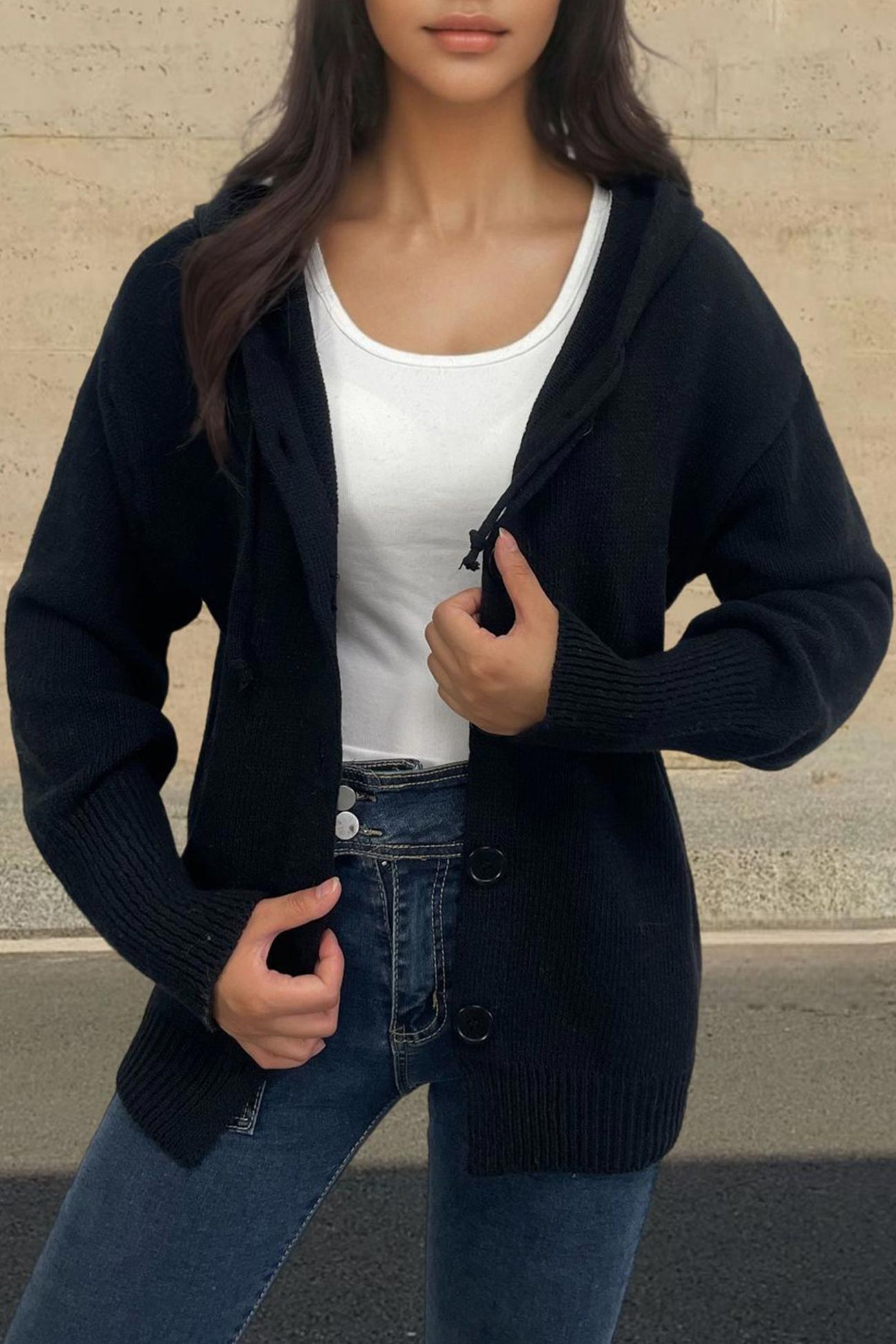 Beata® | Cardigan with button placket and hood