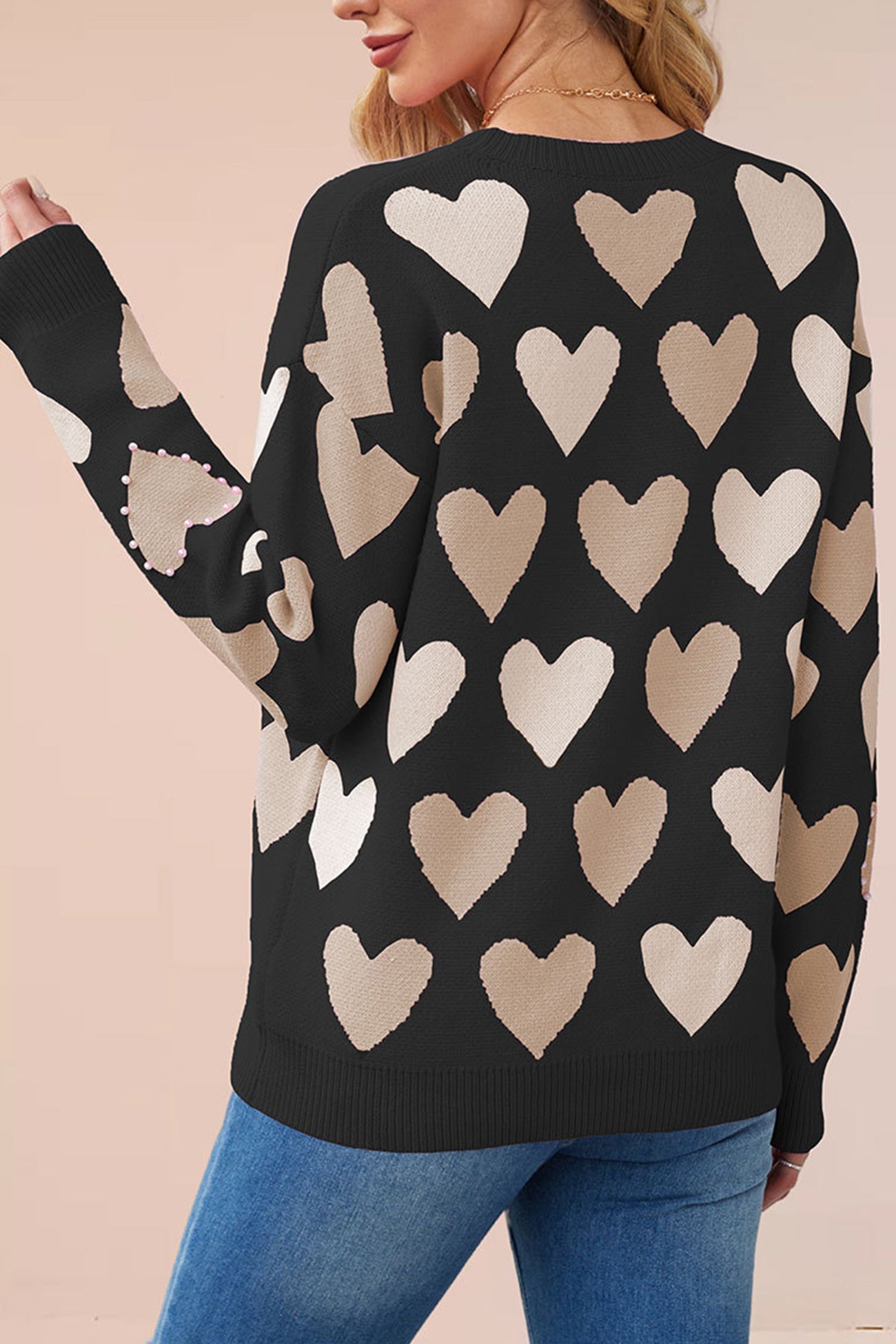 Ana® | Crew Neck Beaded Heart Pullover Knit Sweater