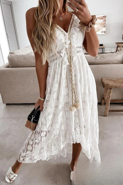 Daniela® | Women's Crochet Fringe Lace Dress In White