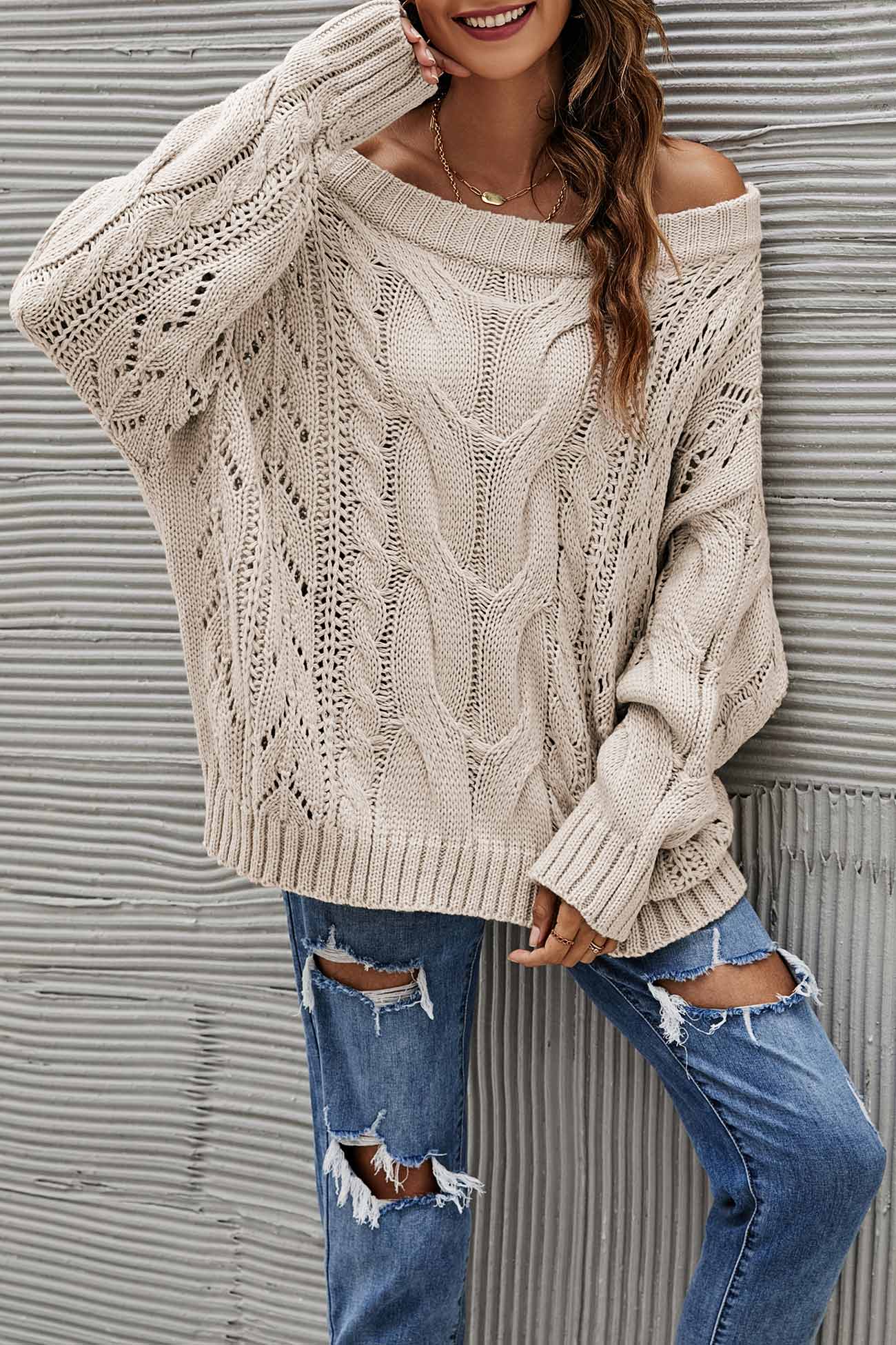 Begoña® | Drop Shoulder Hollow Out Cable Knit Sweater