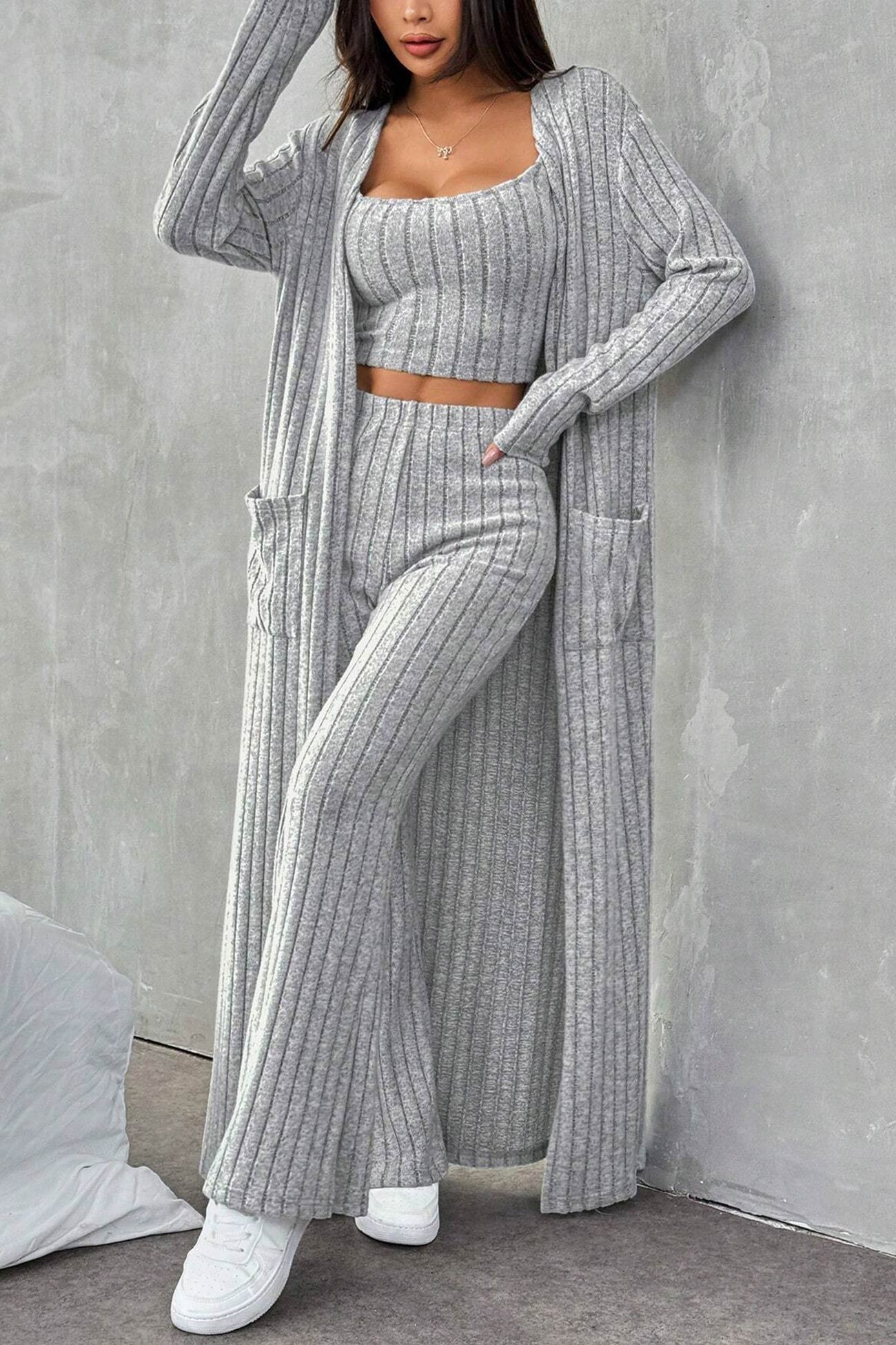 Dagny® | Three-piece set of gray rib-knit cardigan
