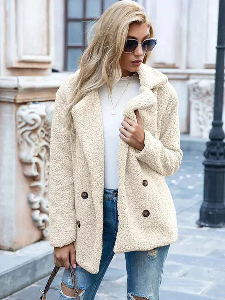 Women’s Double-Breasted Jacket – Relaxed Fit – Soft Textured – Notched Lapel – Hip Length