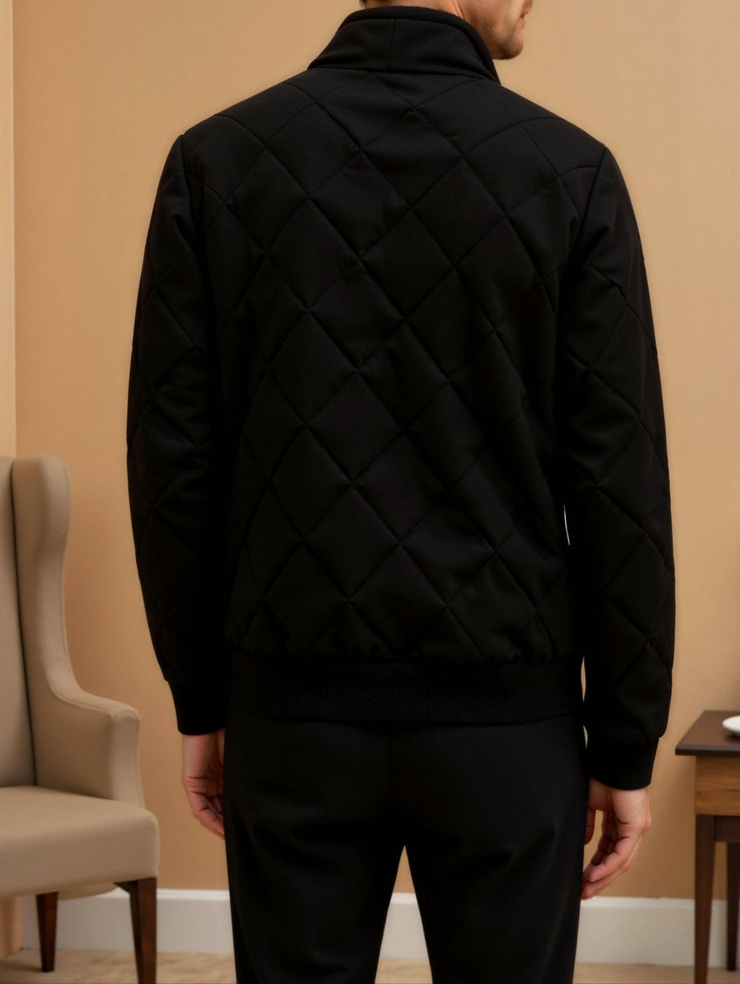 Men’s Quilted Jacket – Regular Fit – Diamond Pattern – Stand Collar – Bomber Style