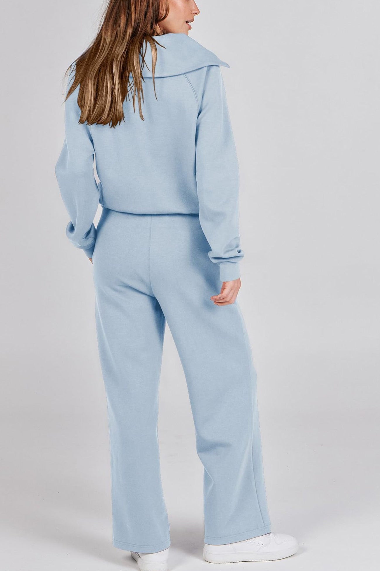 Doris® | Wide leg long pants set with lapel zip sweatshirt