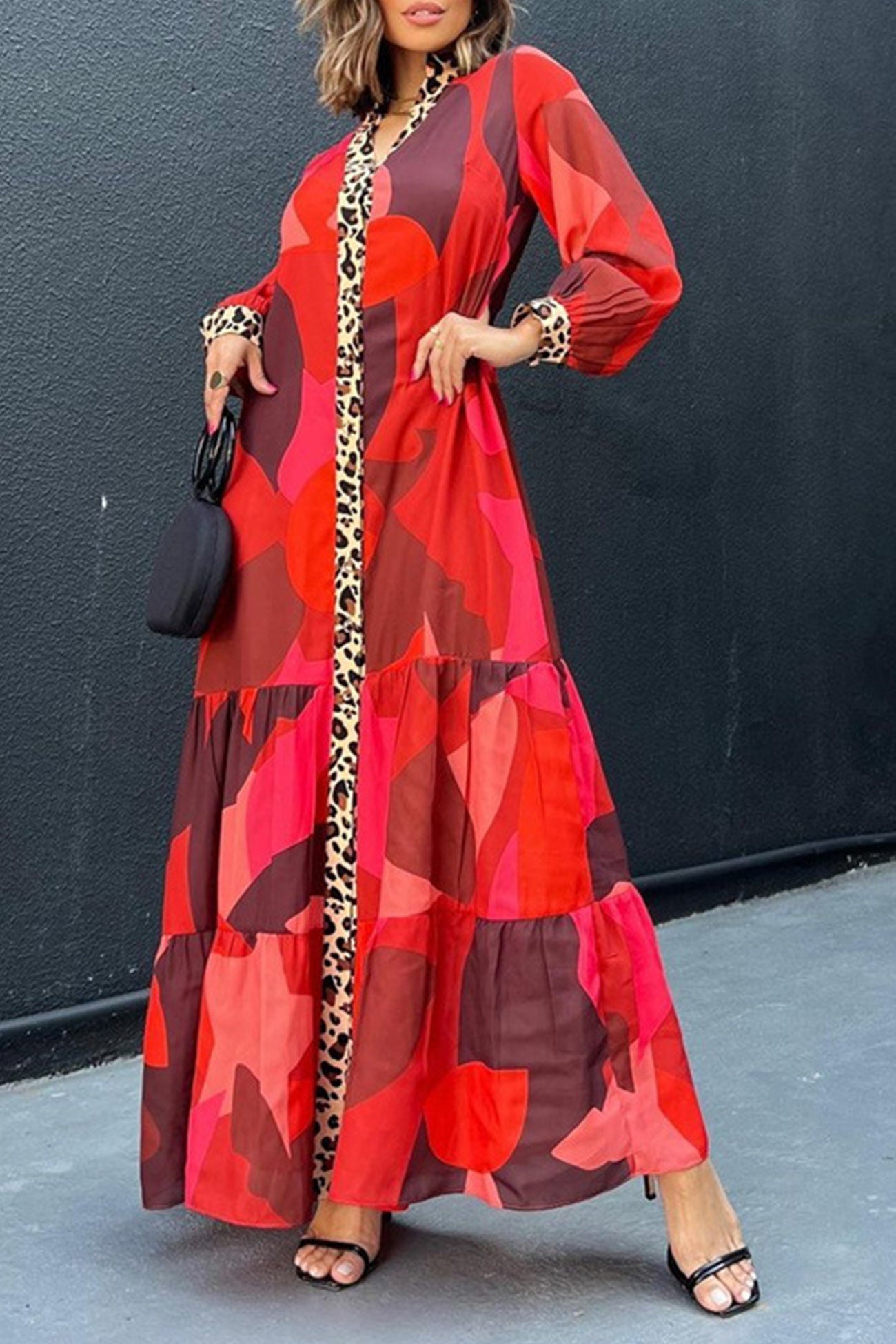 Eliana® | Long dress with leopard patchwork and buttons