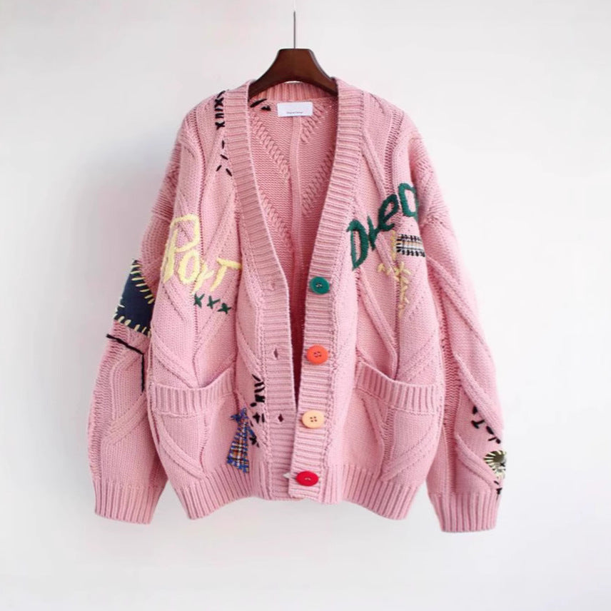 Women’s Cardigan – Chunky Knit – Oversized Fit – Embroidered – Ribbed Trim – Pockets