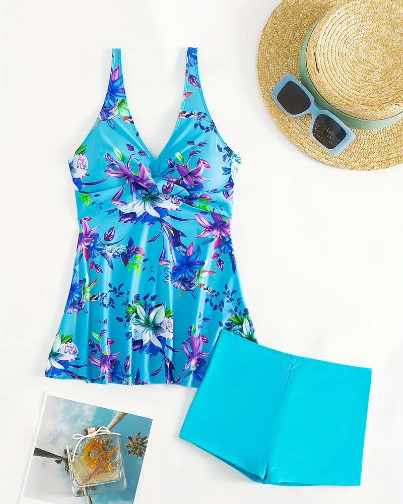 Angela® | Floral V-Neck High-Waisted Swim Dress