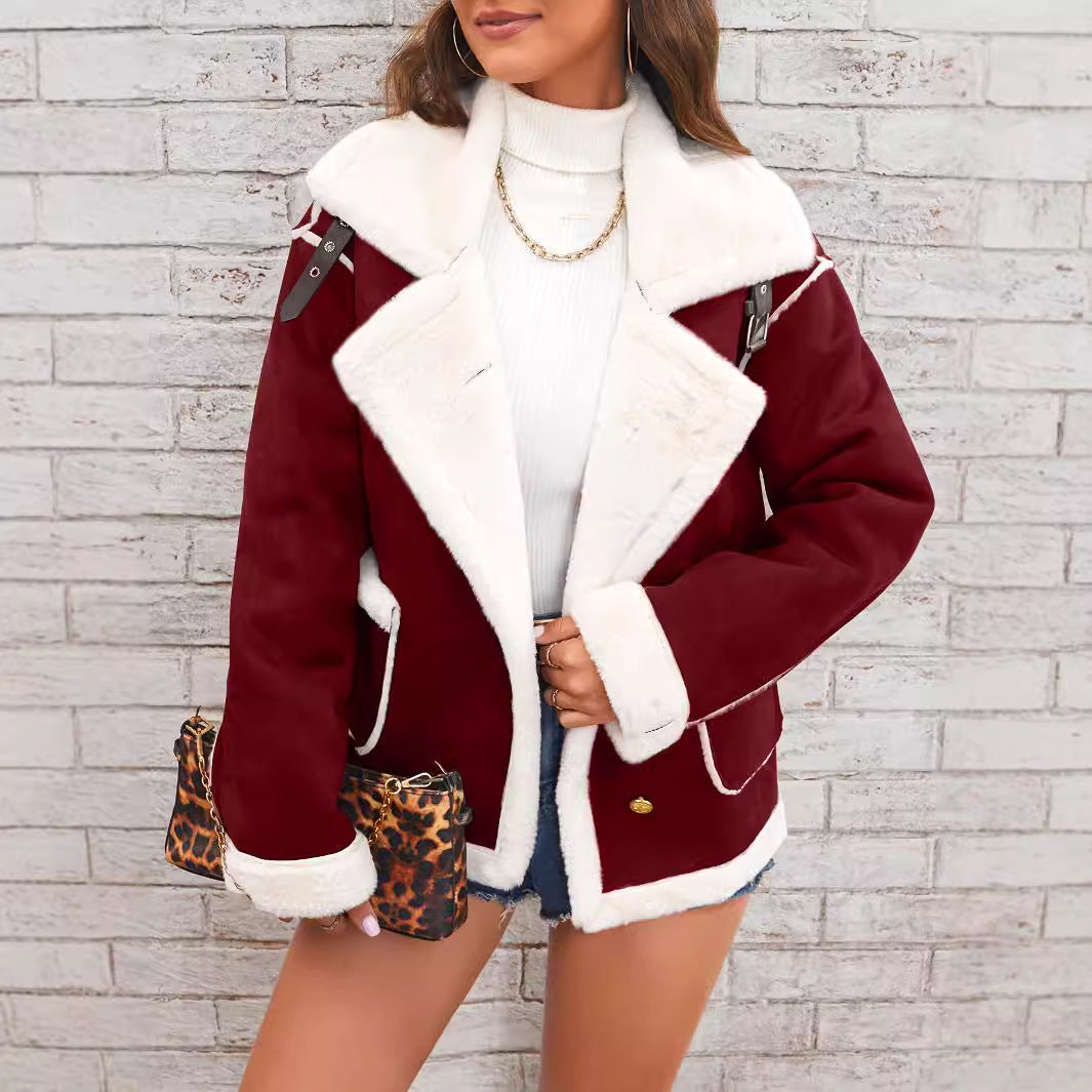 Women’s Faux Fur Jacket – Oversized Fit – Suede Look – Double-Breasted – Hip Length