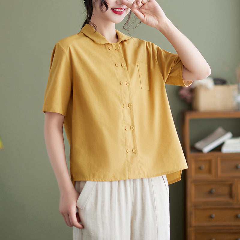 Athalie® | White Short Sleeve Cotton Linen Blouse For Women