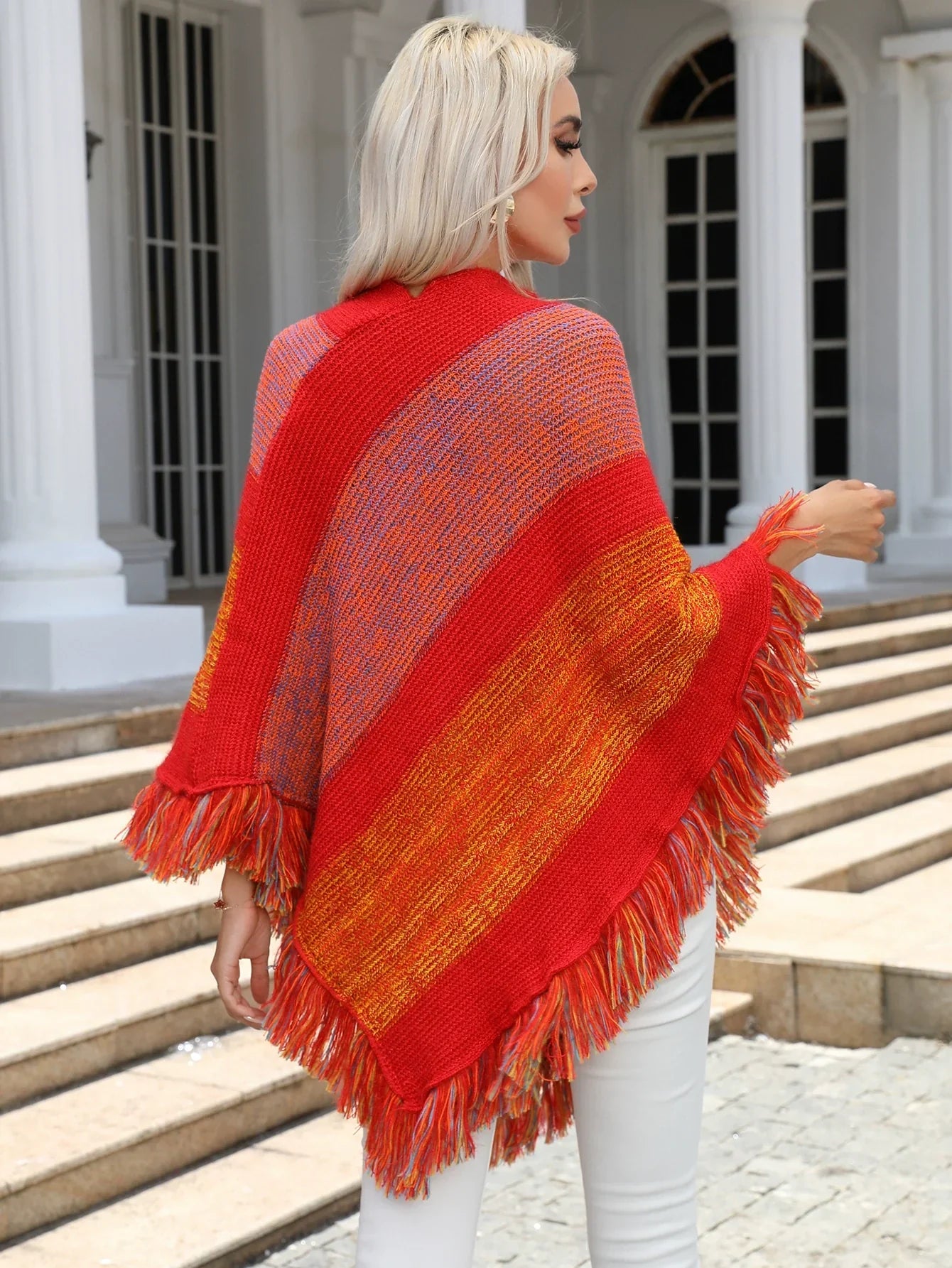 Women’s Cape Shawl Coat – Wool Blend – Oversized Fit – Tassel Hem – Open Front