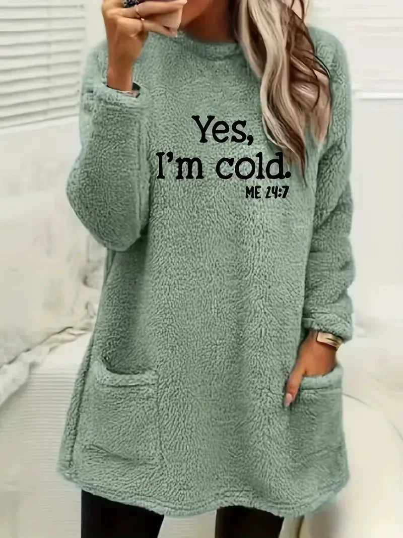 Women’s Oversized Sweatshirt – Double-Sided Fleece – Letter Print – Side Pockets – Long Sleeve