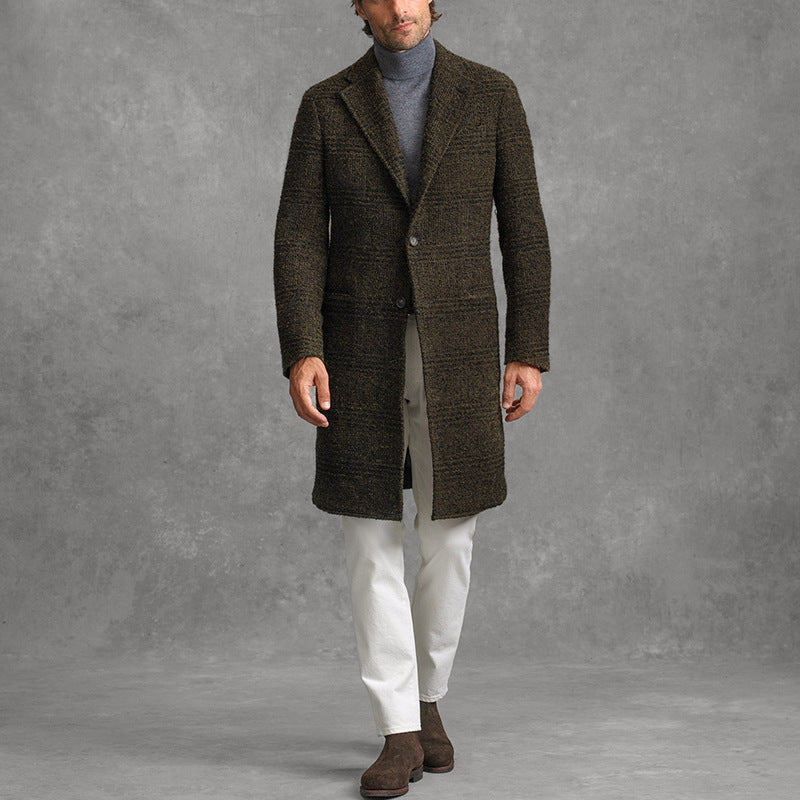 Men’s Overcoat – Tailored Fit – Wool Blend – Check Pattern – Notched Lapel – Mid-Length