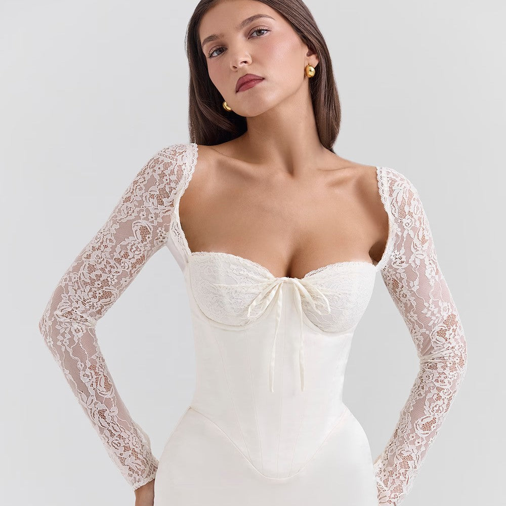 Regina | Women's Evening Long Dress - Bodycon - Lace Sleeves - Sweetheart Neckline
