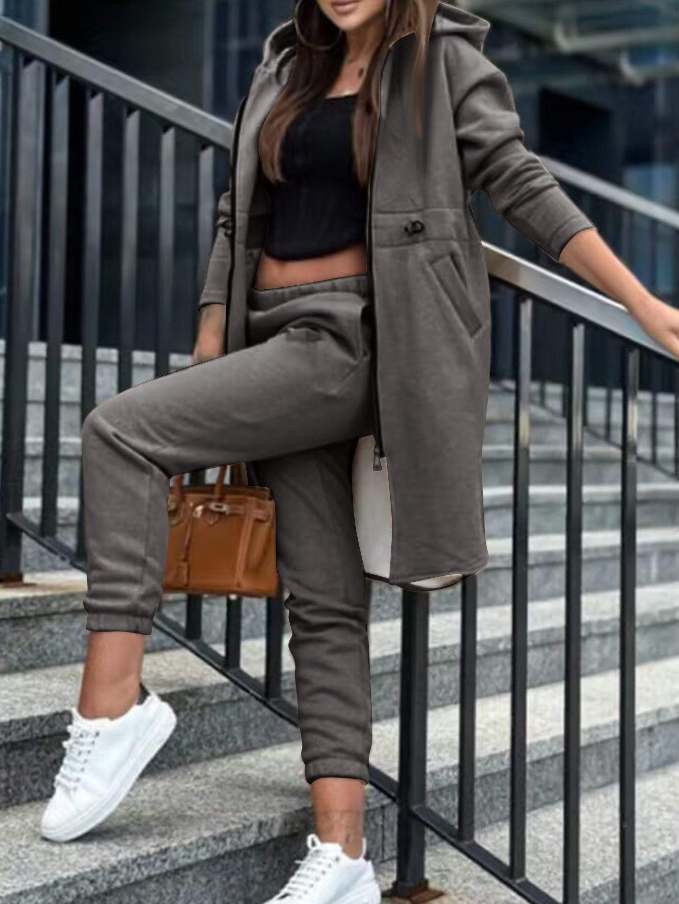 Women’s Tracksuit Set – Relaxed Fit – Longline Zip Hoodie – Cotton Blend Joggers