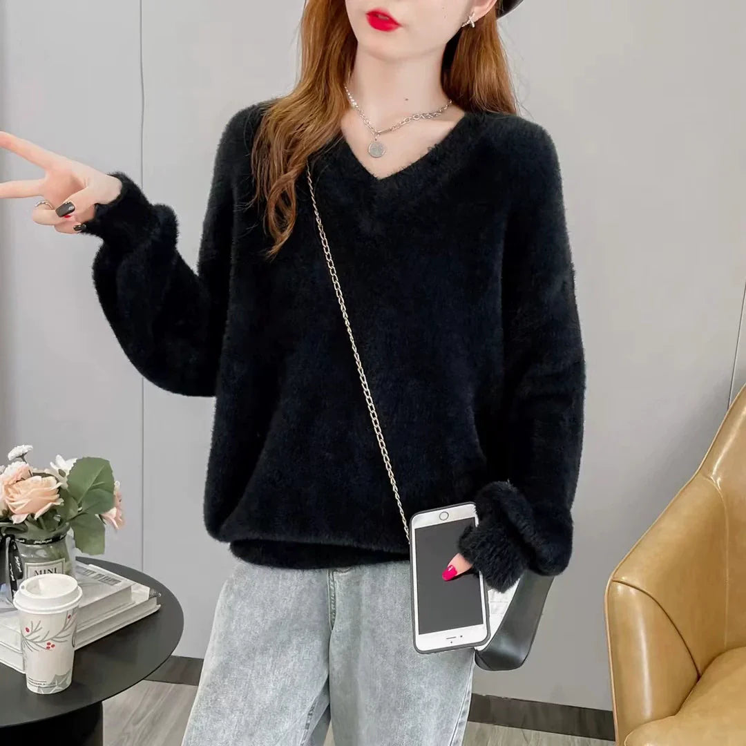 Women’s V-Neck Sweater – Fluffy Knit – Loose Fit – Ribbed Trim – Long Sleeve Casual Wear