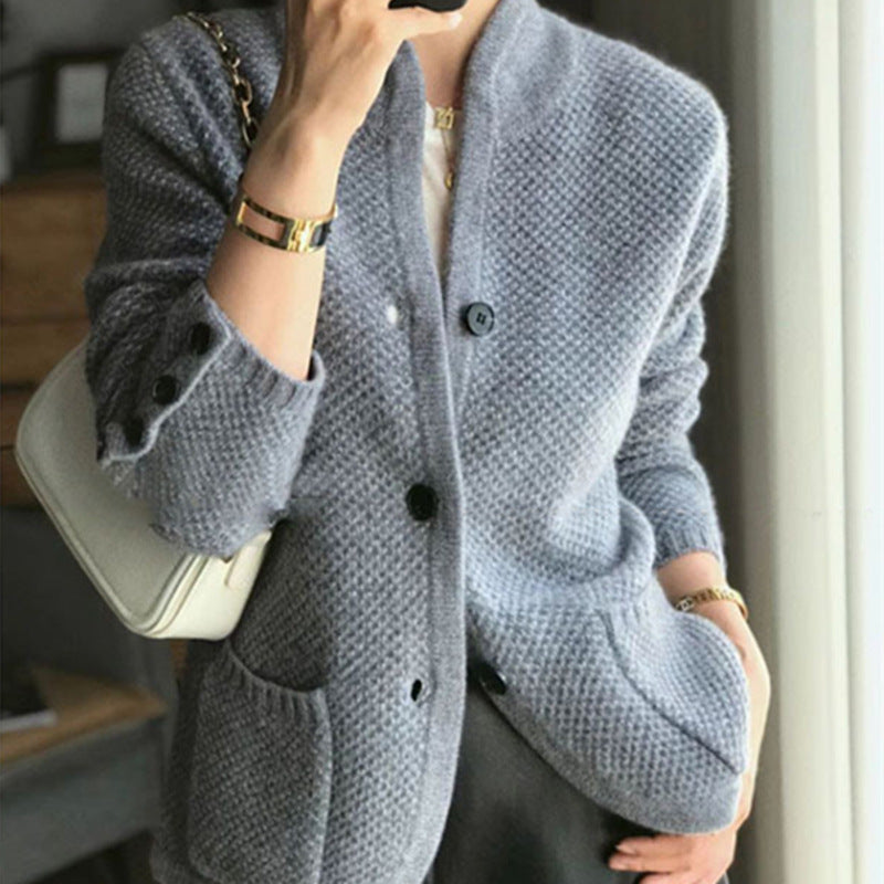 Women’s Cardigan – Relaxed Fit – Wool Knit – Waffle Texture – Button Front – Hip Length