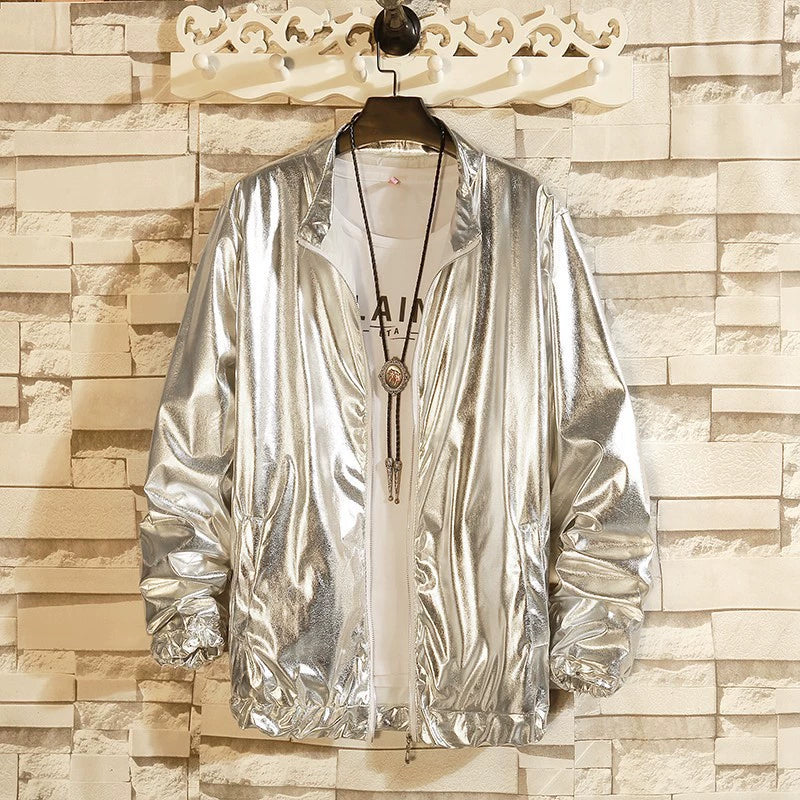 Men’s Jacket – Glossy Finish – Loose Fit – Collarless Zip-Up – Streetwear Style