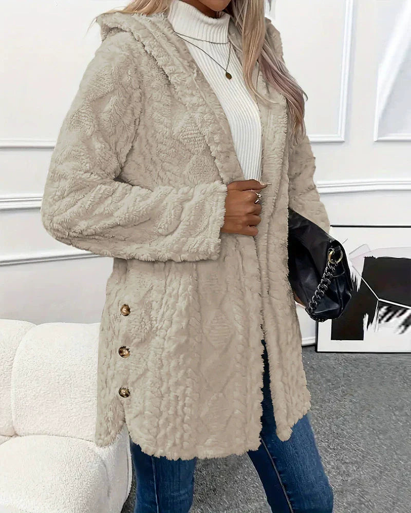 Women’s Plush Jacket – Relaxed Fit – Hooded – Long Sleeve – Button Side Slits