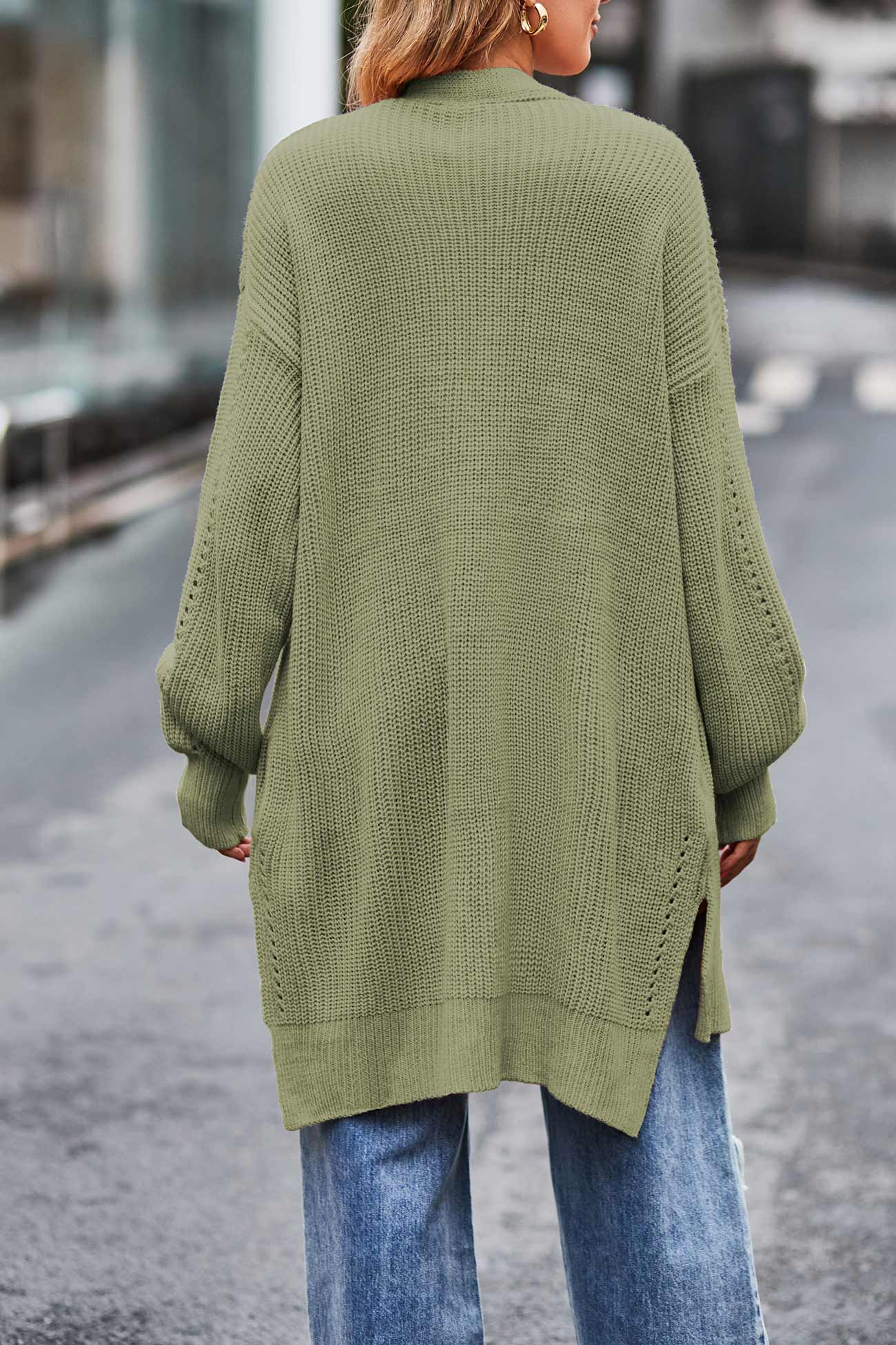 Cecilia® | Pocketed Open Front Slit Hem Long Cardigan