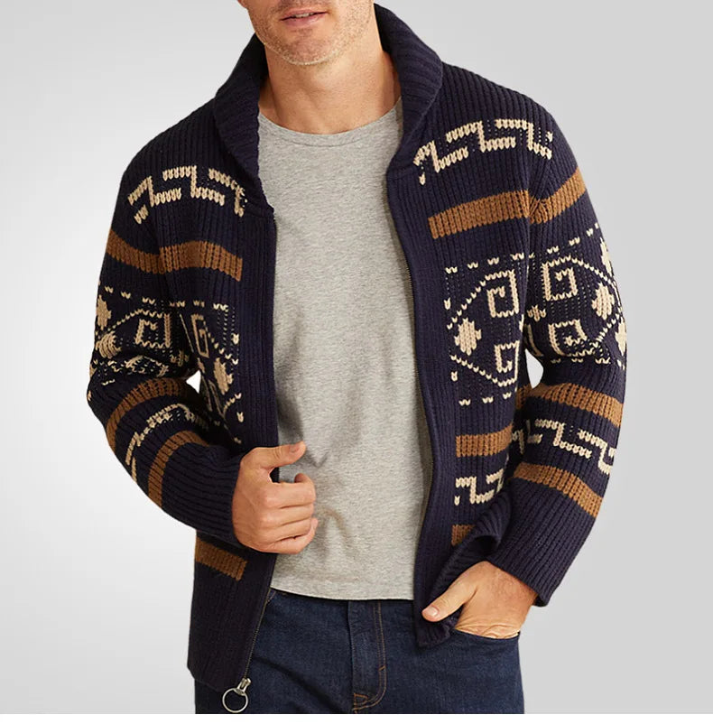 Men’s Cardigan Sweater – Slim Fit – Wool Knit – Zipper Front – Turn Down Collar