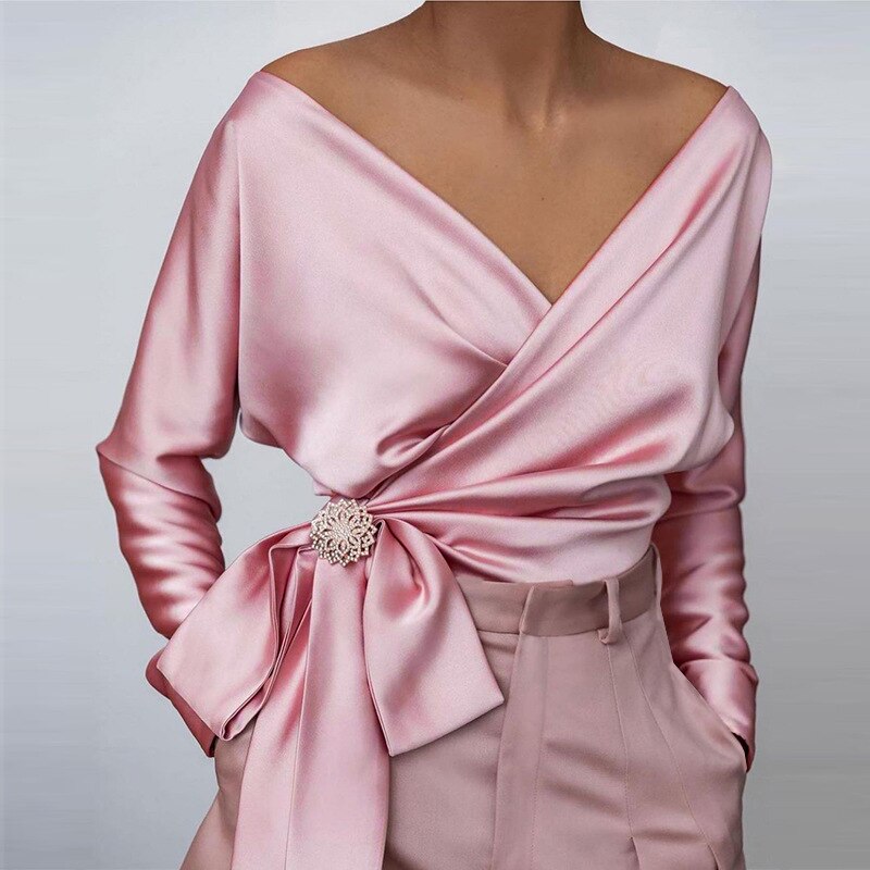 Bianca® | Pink Satin V-Neck Blouse