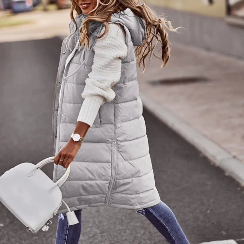 Women’s Quilted Vest – Relaxed Fit – Long Length – Hooded – Insulated Casual Layer