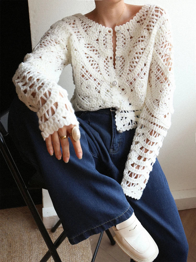 Ariana® | Women's cotton cardigan with openwork hem, slim fit